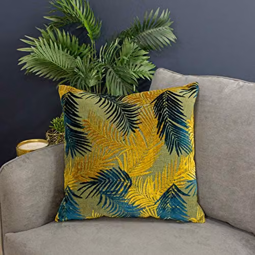 Paoletti Palm Grove Floral Velvet Cushion, Gold, Turquoise and Blue, W/D/H: 50 x 50 x 50 cm – 3