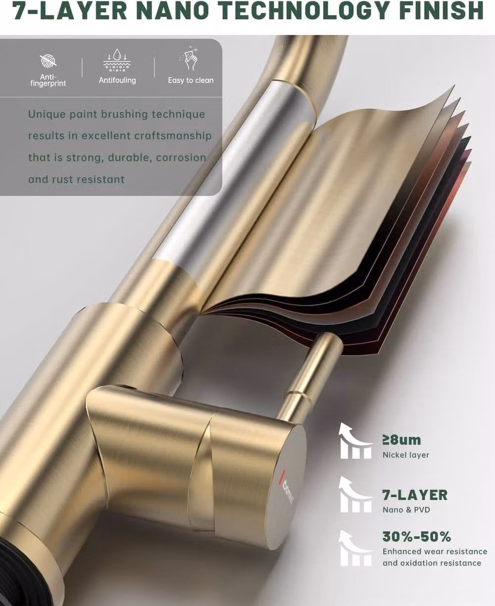 JANLEMNY Brushed Gold Kitchen Mixer Tap with 3-Function Pull-Out Spray and Swivel Spout – 5