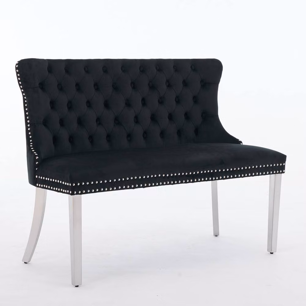 HomeTouch Modern Velvet Double Dining Loveseat Bench with Chrome Steel Legs in Black – 2