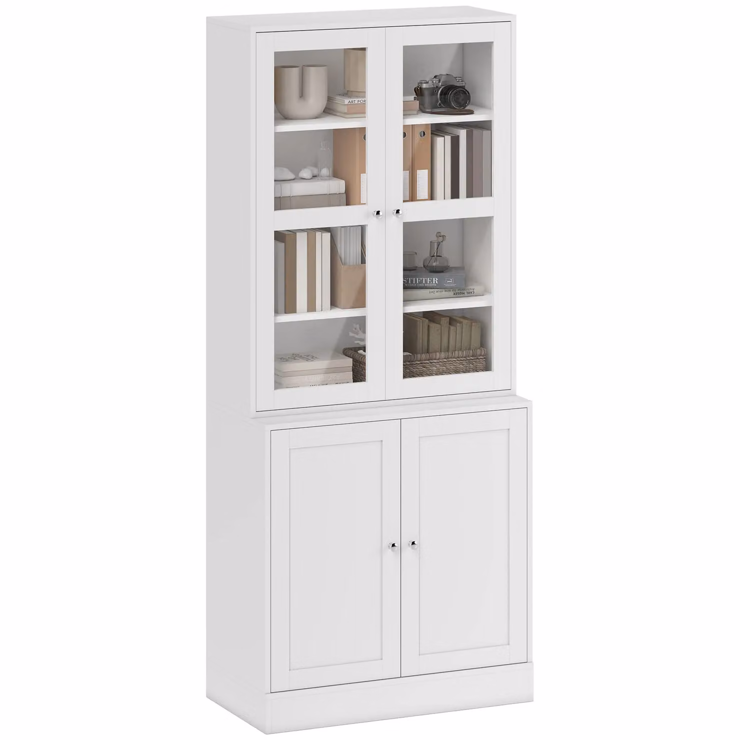 HOMCOM Modern White Bookcase Display Storage Unit with Glass Doors and Internal Shelves, H 178.5 x W 76.0 cm – 2