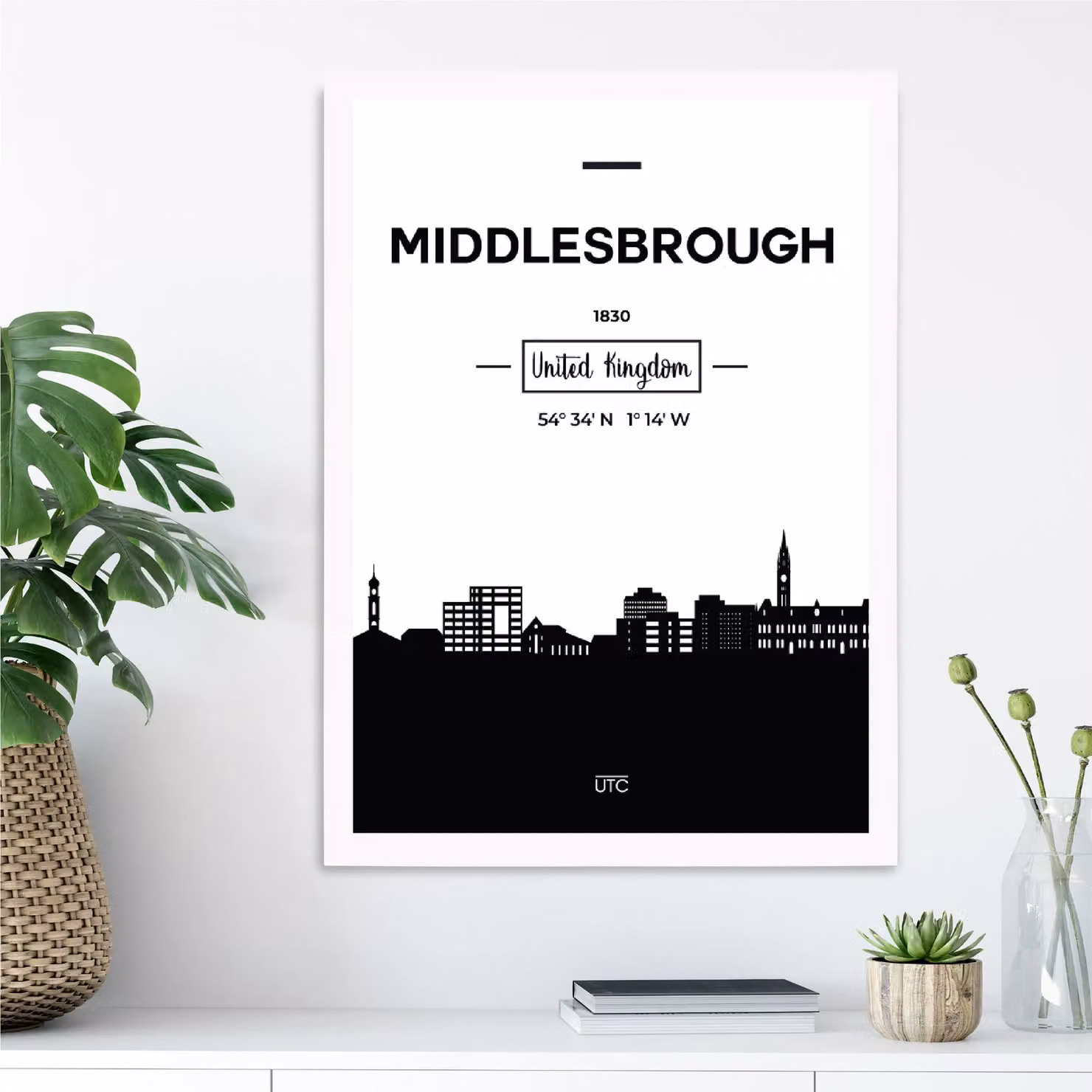 ARTZE Middlesbrough City Skyline Framed Print in Black and White, A3 Size – 2