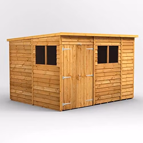 Powersheds Premium Pent Overlap Wooden Shed in Natural Brown with Double Doors and Window – 1