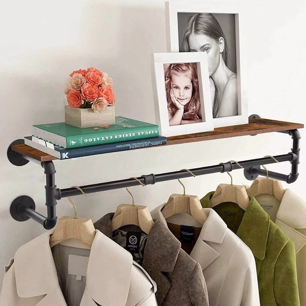 FORGEVIO Industrial Wooden and Metal Shelf Storage Unit with Hanging Rod in Matt Black – 6