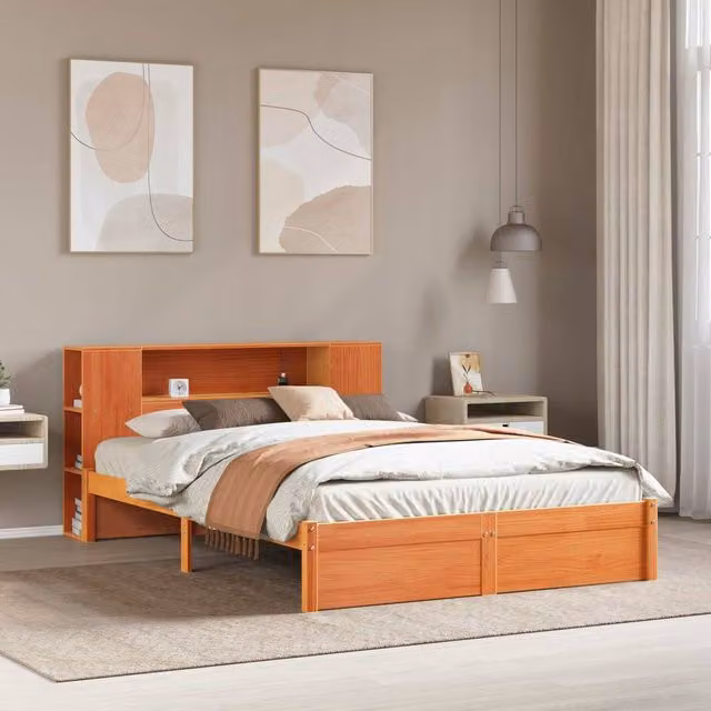 Berkfield Home Wax Brown Solid Pine Bed Frame with Storage Headboard and Side Compartments, 160 x 200 cm – 1