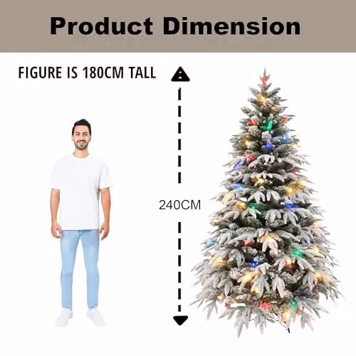 SHATCHI Lapland Fir Pre-Lit Artificial Christmas Tree with 400 Multicolour LED Lights, Snow Flocked Green PE/PVC Tips and Metal Stand, Height: 240 cm, Width: 160 cm – 4