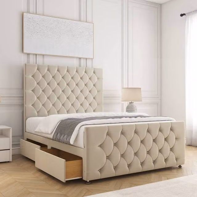 BSSPOKE Maya Plush Velvet Divan Bed with 54 inch Headboard, 2 Same Side Drawers and Mattress in Cream, Size: Single (W/D: 90 x 190 cm)
