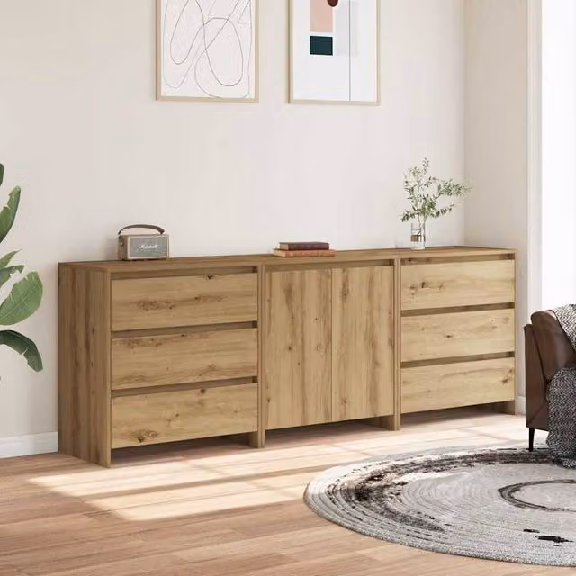 Berkfield Home Decorative 3 Piece Artisan Oak Sideboard Set in Brown – 1