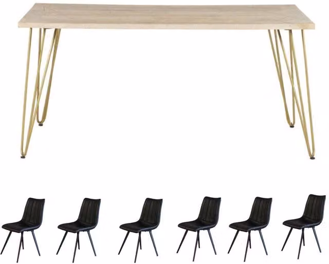 IH Design Modern Rectangular Mango Wood Dining Table with 6 Chairs in Brown and Gold
