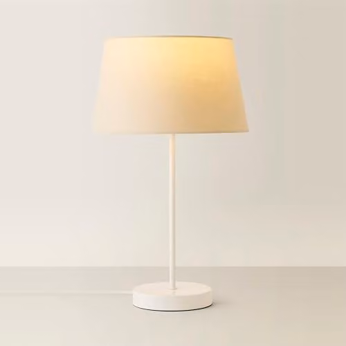 ValueLights Charlie White Metal Single Stem Table Lamp with Beige Fabric Tapered Lampshade – 1