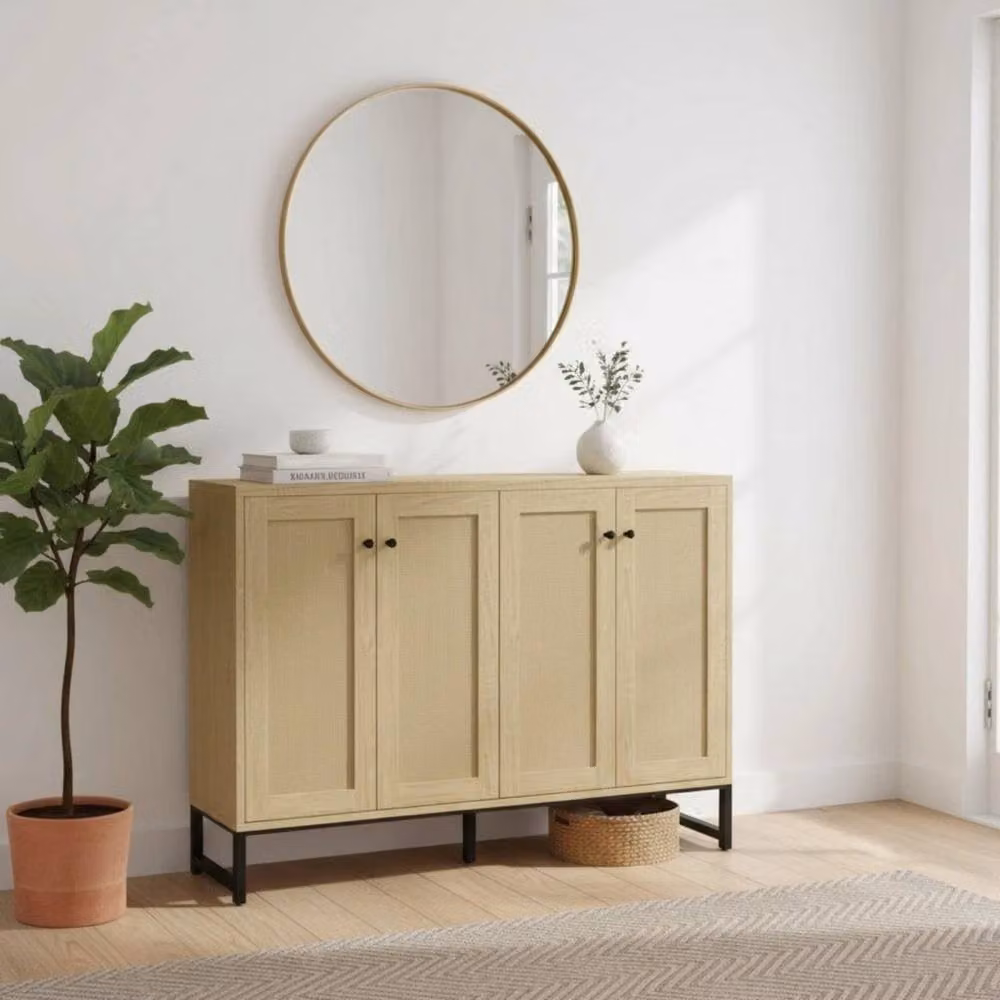 VOGREX Oak 4-Door Cane Webbing Sideboard in Light Oak and Beige Wood Finish – 3