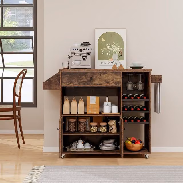 Costway Rustic Brown Wood Drop Leaf Kitchen Island Cart