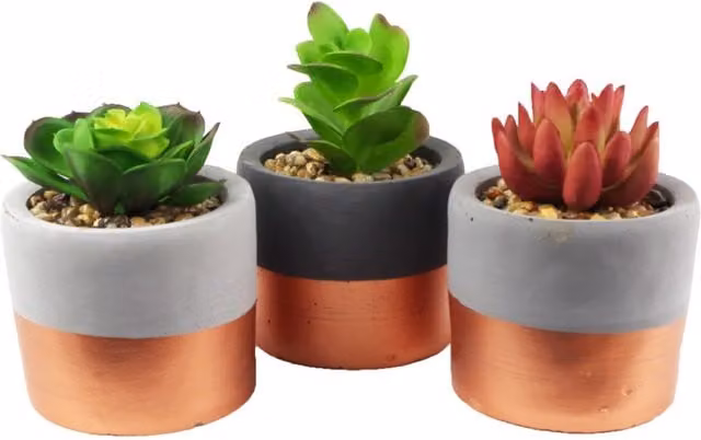 Dyzi Set of 3 Modern Round Ceramic Succulent Planters with Green and Grey Striped Copper Band Design