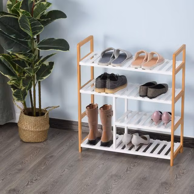 HOMCOM 4 Tier Modern Shoe Rack with Wood and MDF Frame in Brown and White