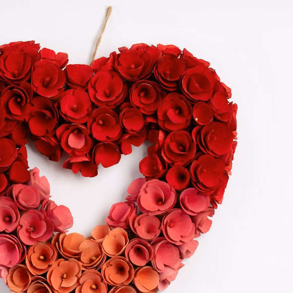 Scottish Everlastings Ltd Red Ombre Rose Wood Shave Heart Hanging Wreath, Diameter: 34 cm – 2