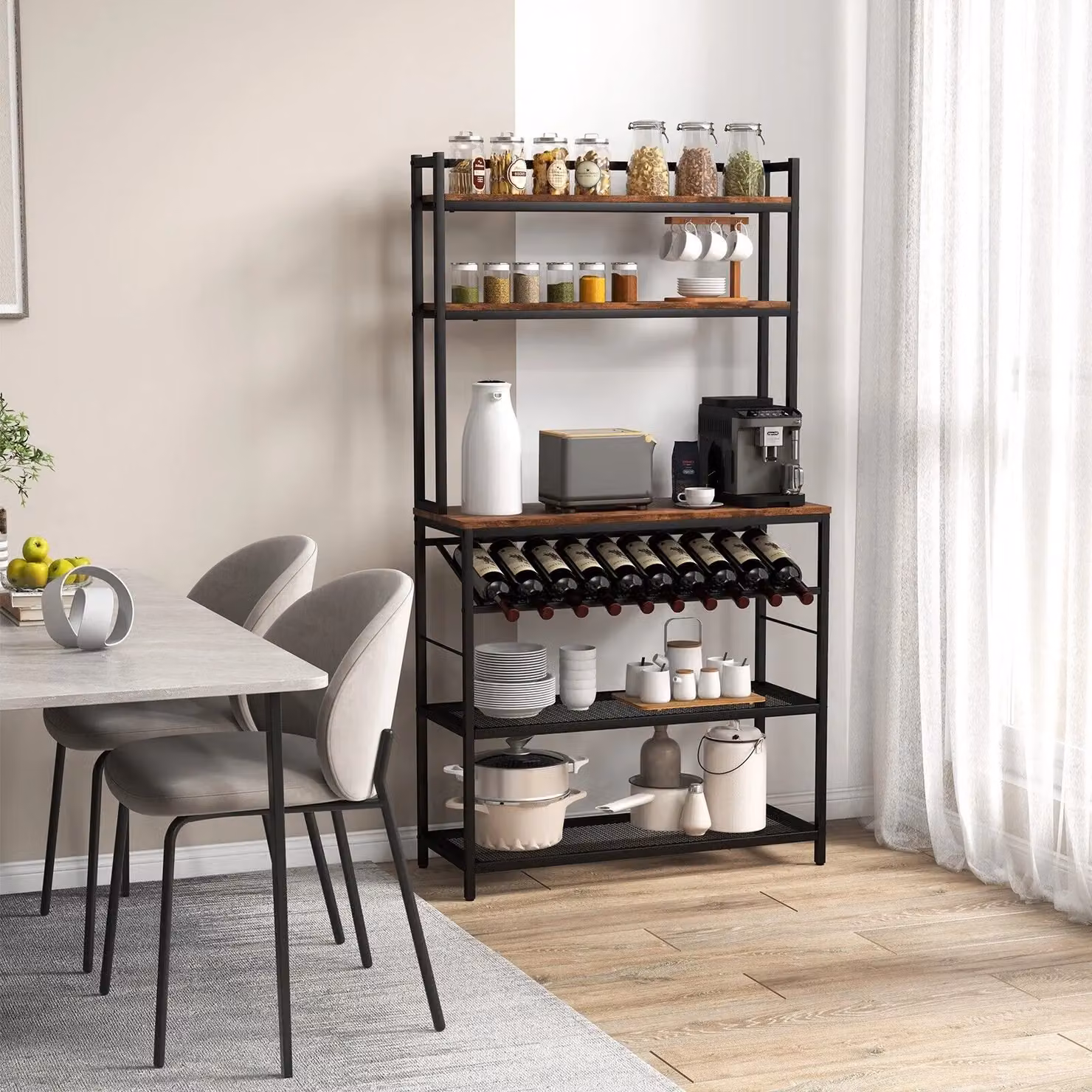 Costway 6-Tier Industrial Kitchen Baker Rack and Microwave Stand with Slanted Wine Bottle Holder in Brown – 3