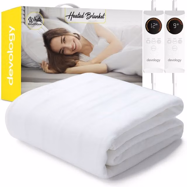 Devology Fully Fitted Heated Underblanket Mattress Cover with Straps, White, W: 150 cm, D: 200 cm