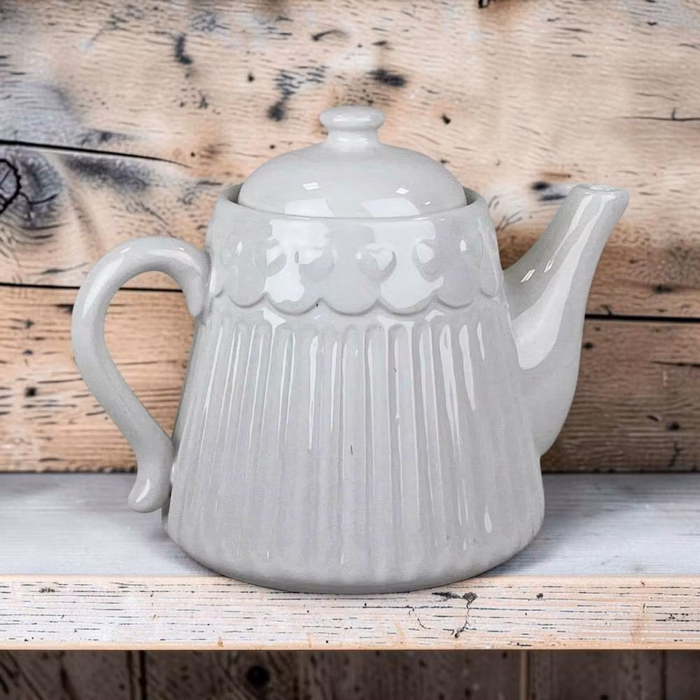 Four Candle White Ribbed Ceramic Teapot with Heart Detail 20cm – 2