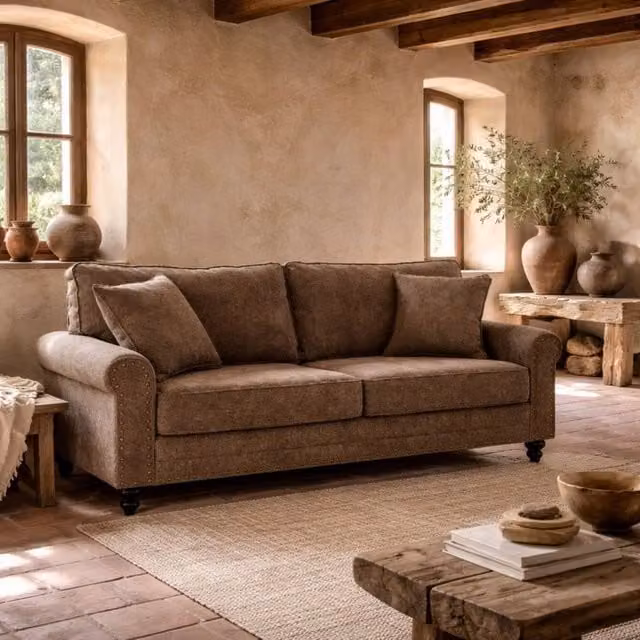Wyld Haus Soleka 3 Seater Fabric Sofa in Brown with Rubberwood Legs and Nailhead Trim
