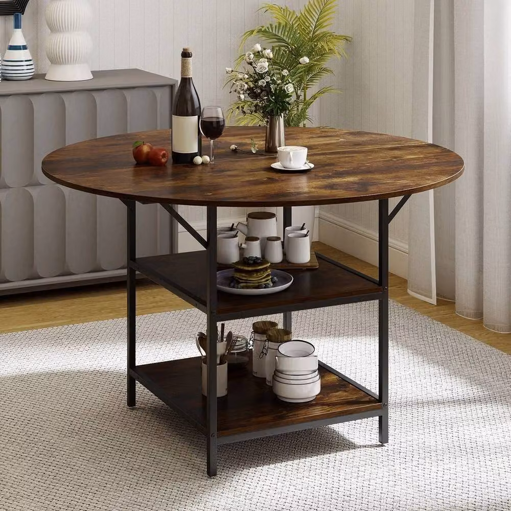 VOGREX Round Industrial Dining Table in Brown, Diameter: 120 cm, Height: 76 cm – 4