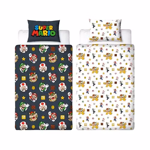 Character World Nintendo Super Mario Reversible Single Duvet Cover and Pillowcase Set, Black, Red and White, Duvet Cover: 135 x 200 cm, Pillowcase: 74 x 48 cm – 2