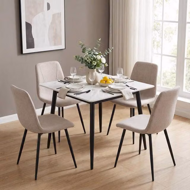 FWStyle 5 Piece Modern Square Dining Set with Cream Marble Effect Ceramic Table and Light Brown Upholstered Chairs