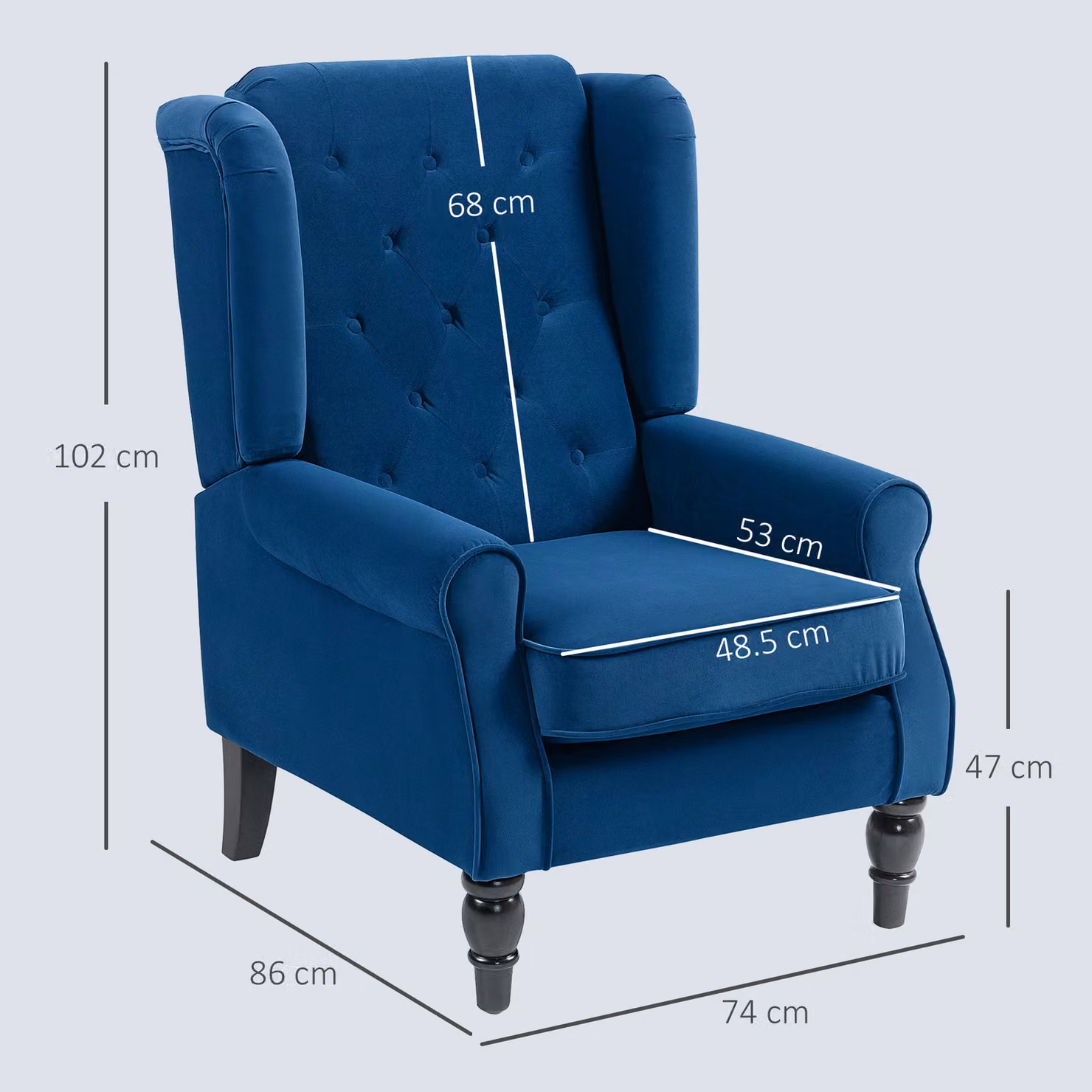 HOMCOM Retro Blue Velvet Wingback Accent Chair with Button Tufting and Solid Wood Frame – 3