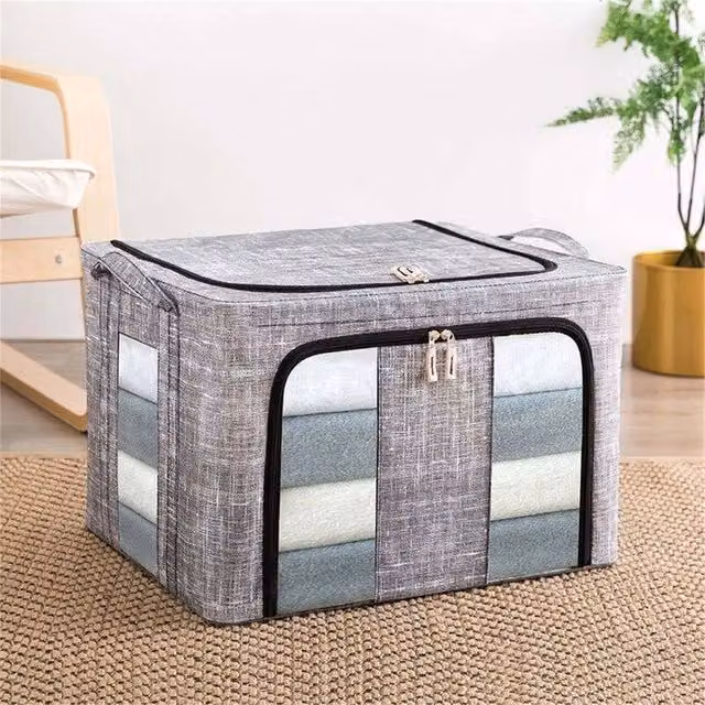SPETLEK 3-Piece Set of Grey Folding Fabric Wardrobe Storage Boxes with Steel Frame, 66L Capacity