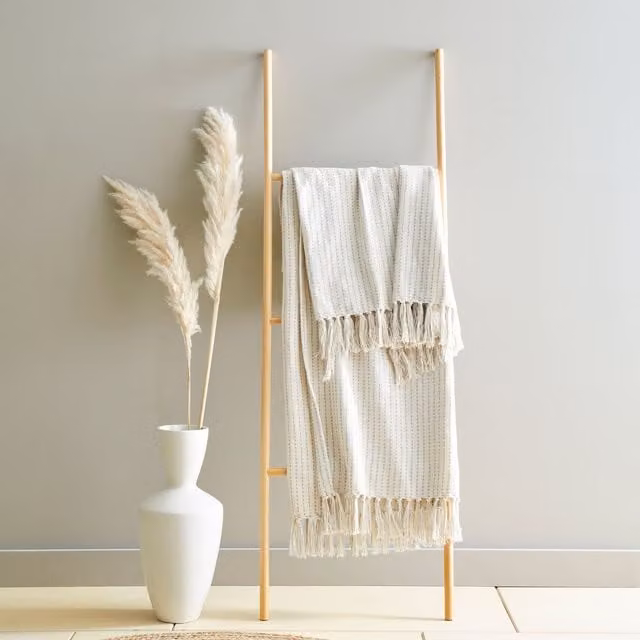 Drift Home Quinn Woven Striped Cotton Throw in Beige, W/D/H: 200 x 200 x 1 cm