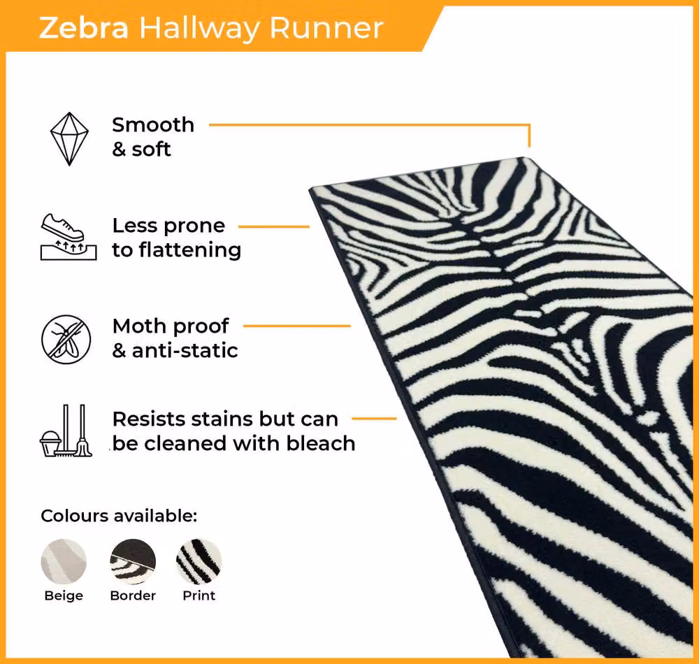 runrug Zebra Hallway Carpet Runner Rug in White, W: 80 cm, L: 360 cm – 3