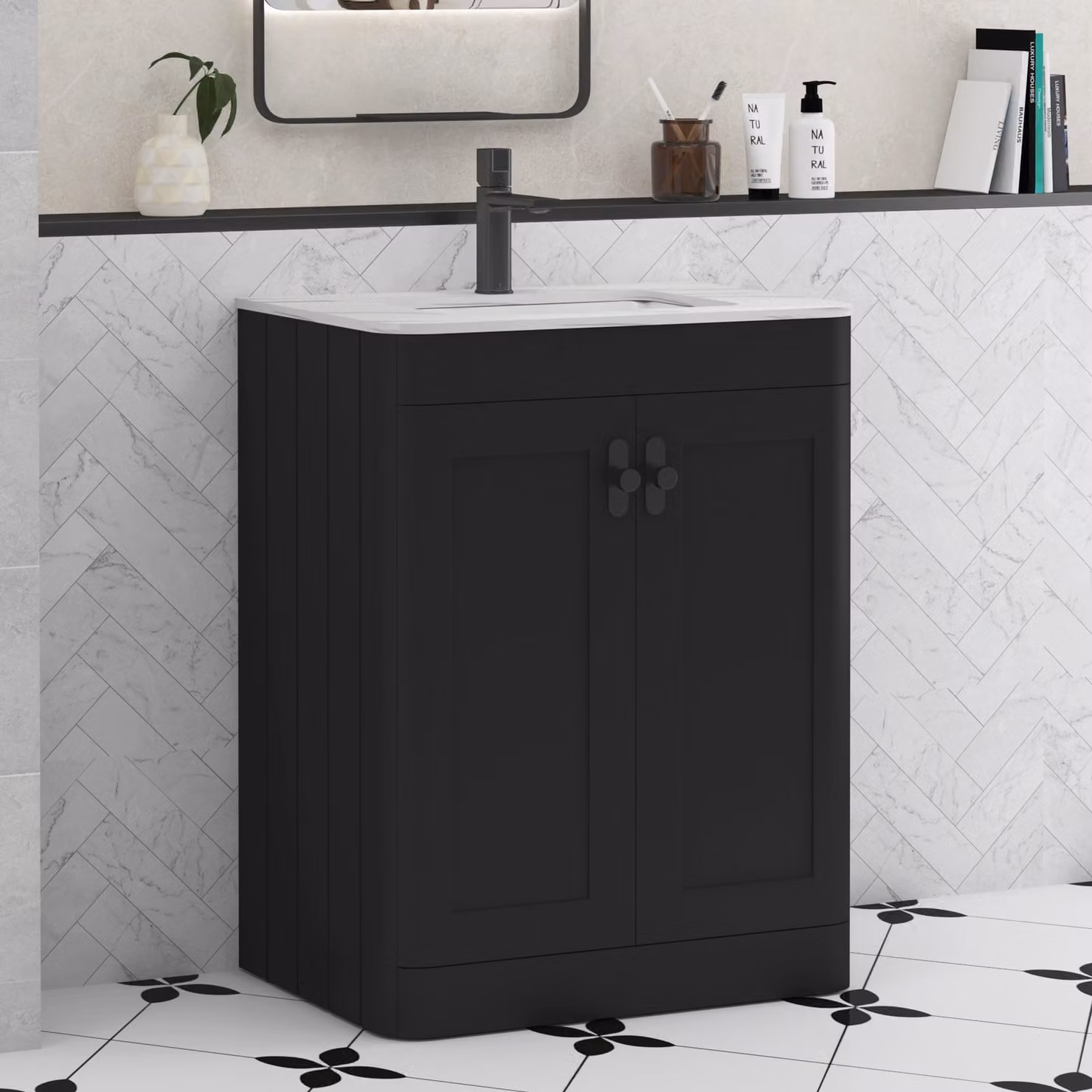Royal Bathrooms Henley 600mm Matt Nocturne Black Floor Standing 2 Door Vanity Unit with Carrara White Stone Top