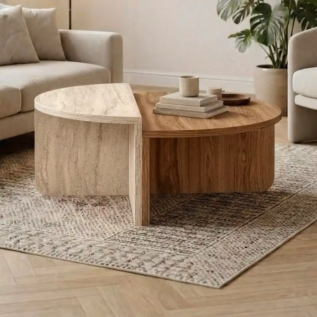 Decortie Aloeva Two Piece Half Round Coffee Table Set in Whiskey Oak and Travertine Beige