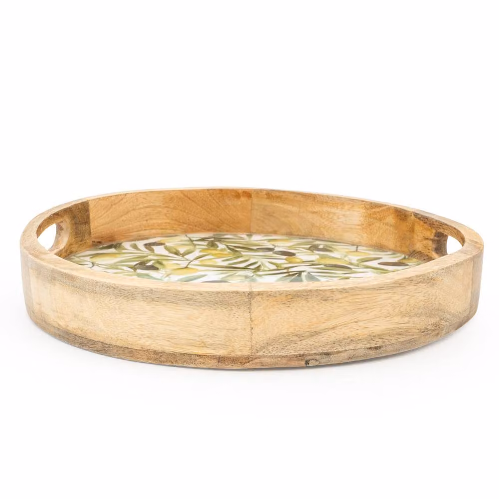 Madison & Mayfair Rustic Mango Wood Round Tray with Olive Enamel Design in Brown, Diameter: 30 cm – 2