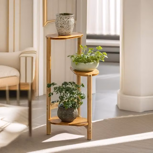 Pirlo Plush 3 Tier Bamboo Indoor Outdoor Plant Stand in Natural Beige