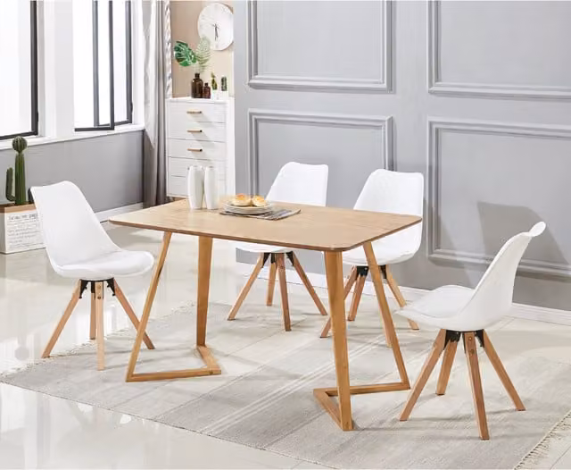 Life Interiors Sophie Dallas Mid-Century Dining Set with Rectangular Table and 4 Chairs in White and Birch
