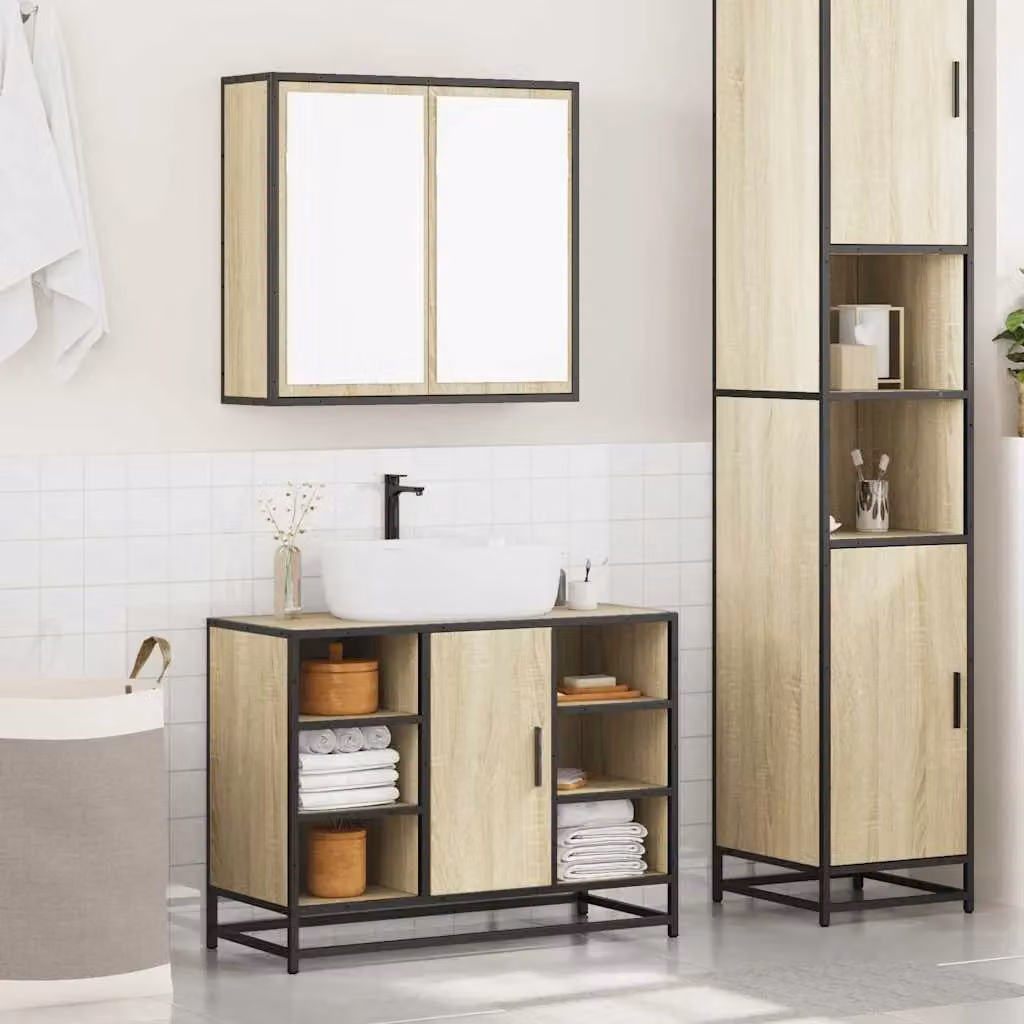 Berkfield Home 2 Piece Industrial Bathroom Furniture Set in Brown Sonoma Oak with Vanity Unit and Mirror Cabinet – 3