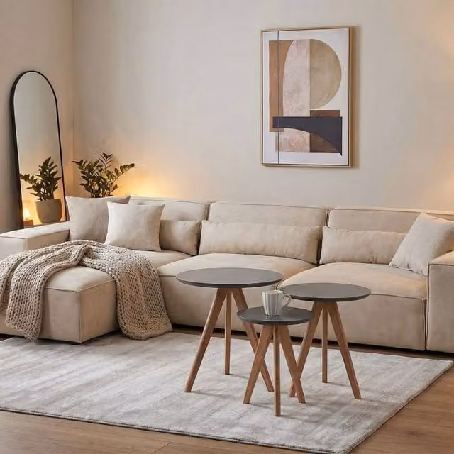 Wyld and Coco Nest of 3 Round Tables with Grey MDF Tops and Beech Legs