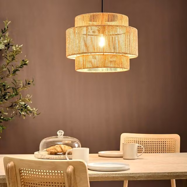 Wyld and Coco Boho Natural Paper Rope Pendant Lamp with Matte Black Metal Base – 1