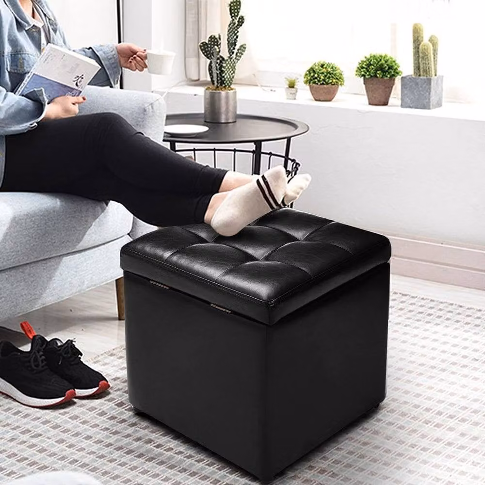 Hinsinc Faux Leather Cube Storage Ottoman Foot Stool in Black – 6