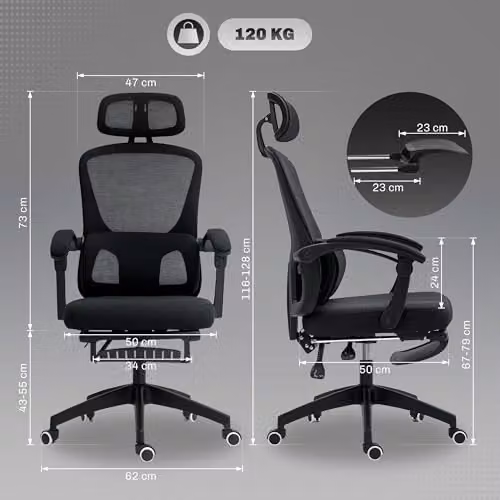 HOMCOM Ergonomic Black Mesh and Fabric Office Chair with Headrest, Armrests and Height Adjustment – 3