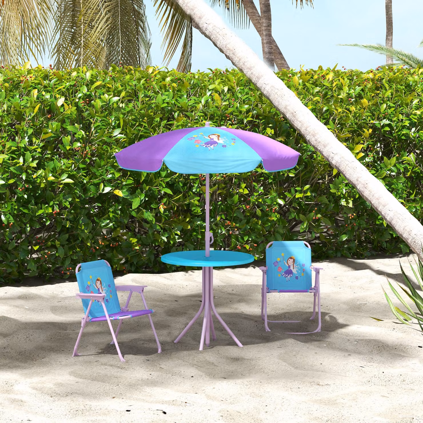 Outsunny Kids Fairy Themed Picnic Table and Chair Set with Foldable Chairs and Adjustable Parasol, Multicolour – 5