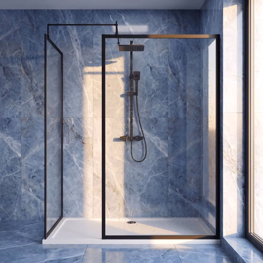 Balterley Framed Walk-In Wetroom Bundle with Rectangular Glass Tray, Matt Black, W: 1500 mm, D: 800 mm – 3