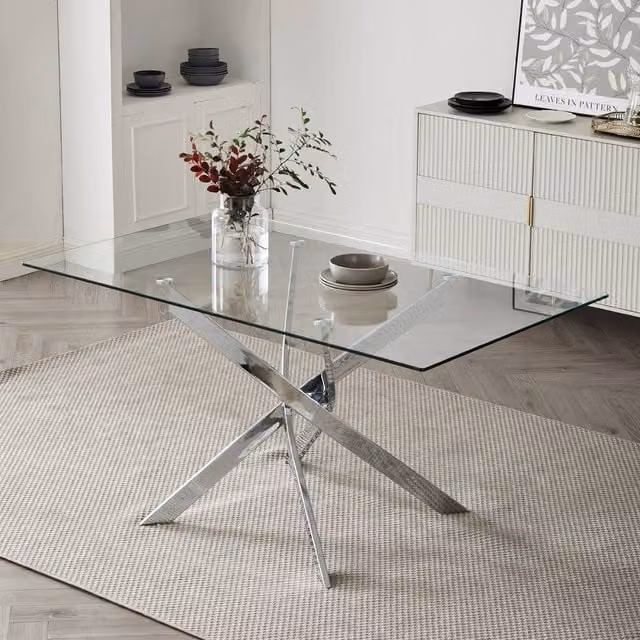 Home Detail Lila Rectangular Glass Dining Table with Silver Legs, Width: 120 cm