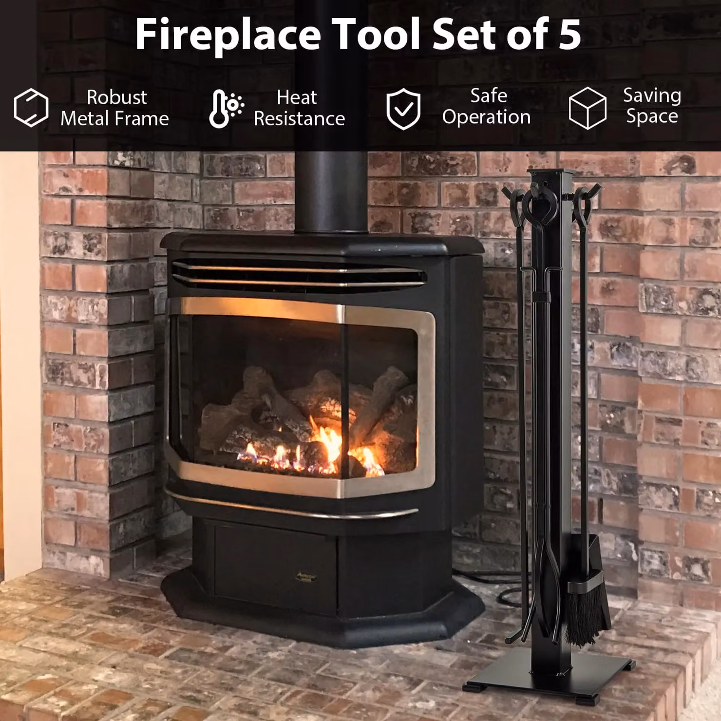 Costway 5 Piece Modern Metal Fireplace Tools Set in Black, Height: 81 cm – 6
