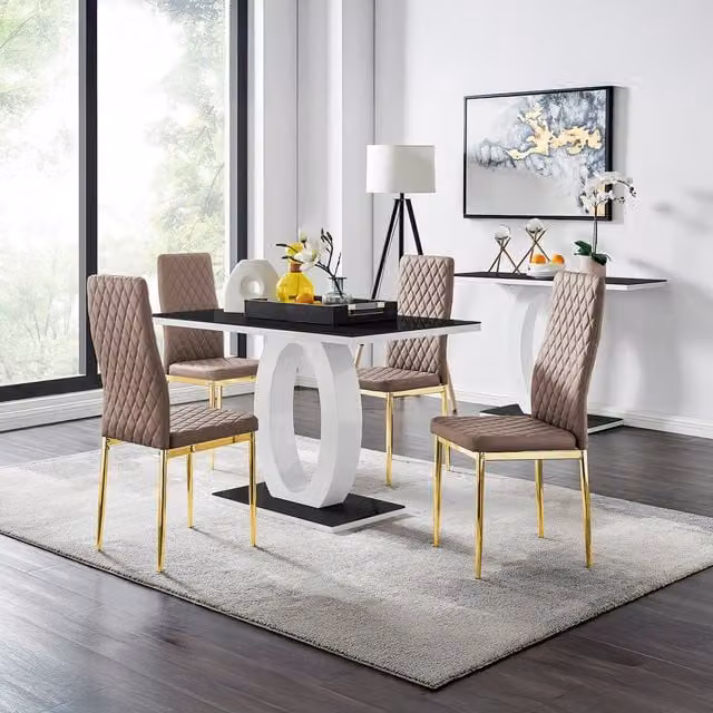 FurnitureboxUK Giovani Black Rectangular Glass Dining Table with Four Milan Gold Leg Faux Leather Chairs in Grey