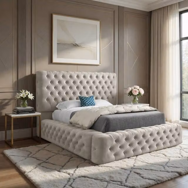 KDMD Linlithgow Pleated Upholstered Designer Bed Frame in Beige, W/D/H: 180 x 137 x 201 cm
