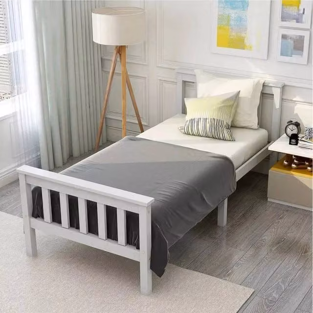 FLAVORA White Solid Pine Single Cot Bed Frame with Mattress – 1