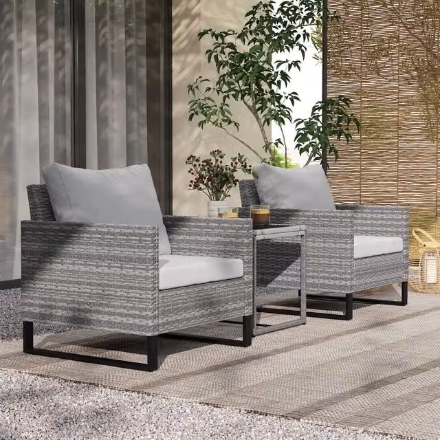 OUTSUNNY 3-Piece Rattan Bistro Set with Glass Top Table, Chairs and 4 Cushions in Light Grey – 1
