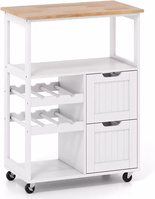Costway White Serving Trolley with Solid Rubberwood Top and 2-Tier Wine Rack – 1
