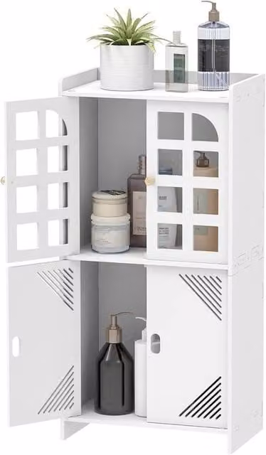 FORGEVIO White Waterproof Freestanding Bathroom Storage Cabinet with Hinged Doors and Internal Shelves