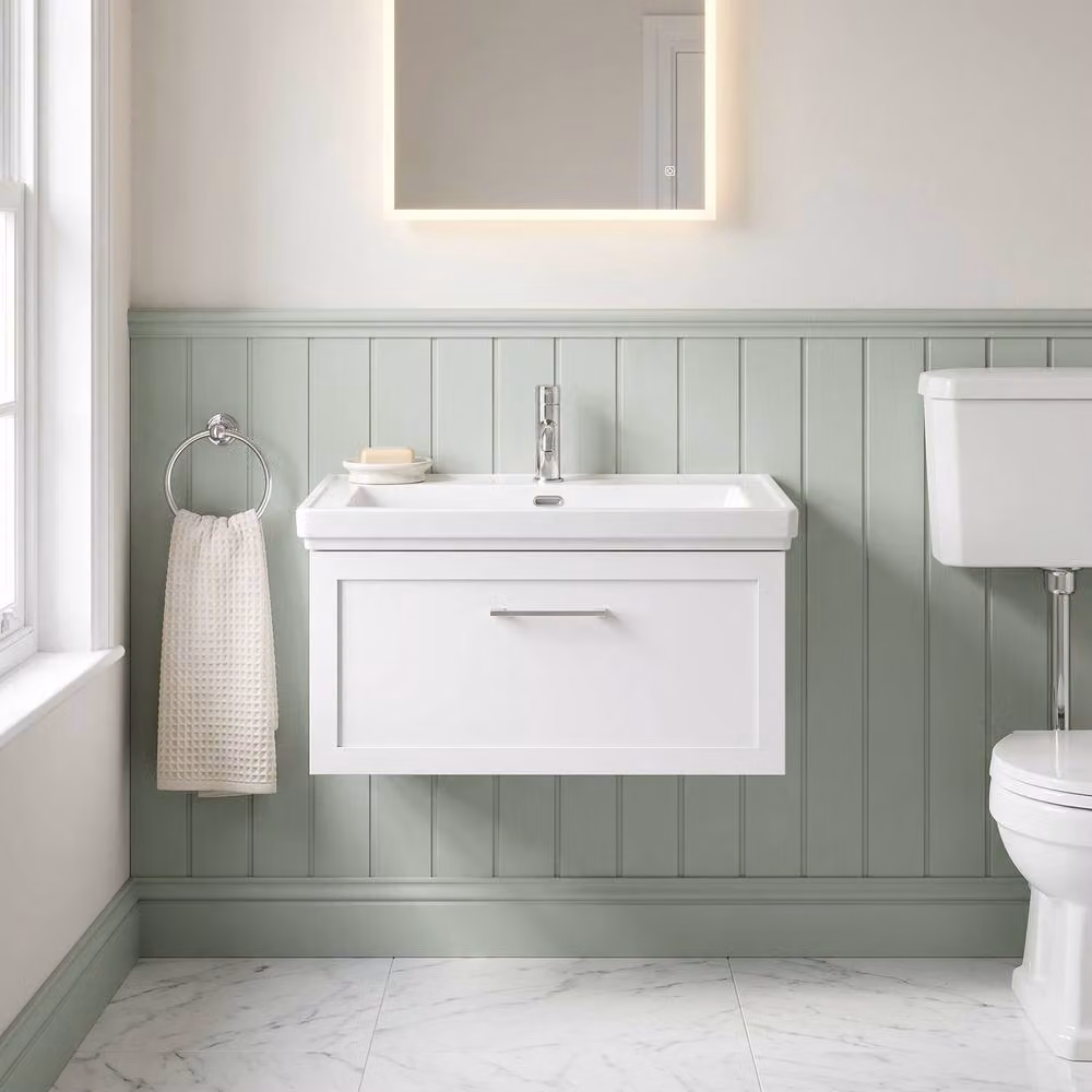 Balterley Stonnall Wall Mounted 1 Drawer Vanity Unit and Fireclay Basin in Matt White, Width: 80 cm – 2